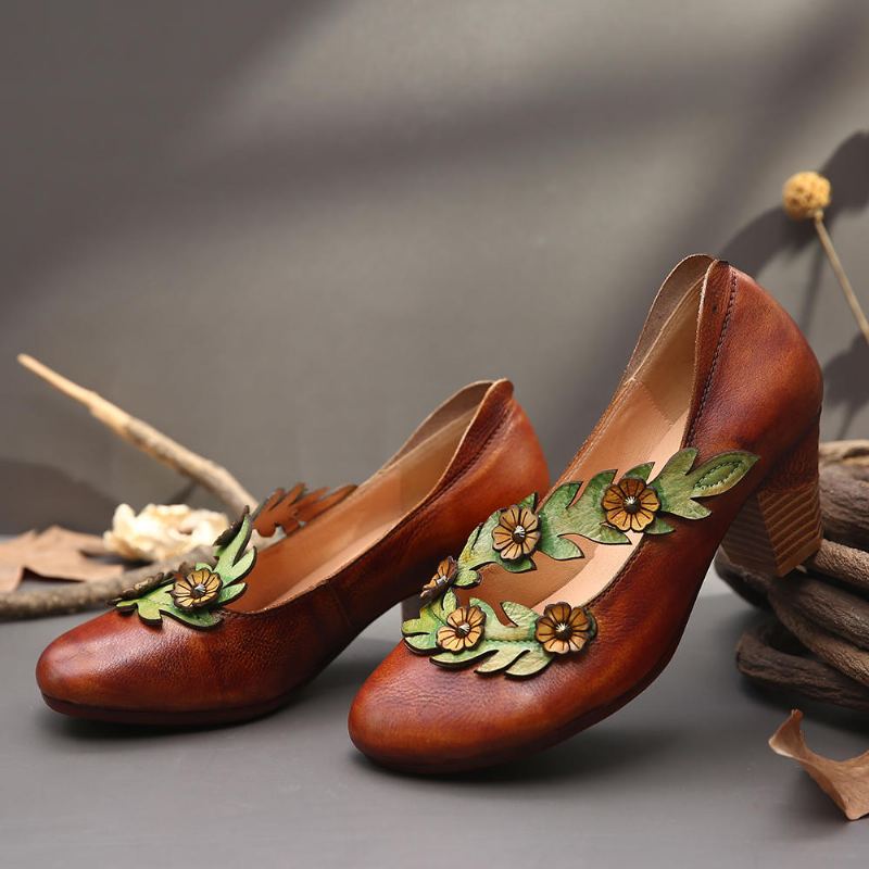 Vrouwen Bloem Decoratie Echt Leer Slip Op Lente Pompen