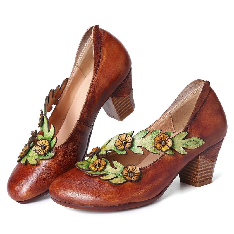Vrouwen Bloem Decoratie Echt Leer Slip Op Lente Pompen