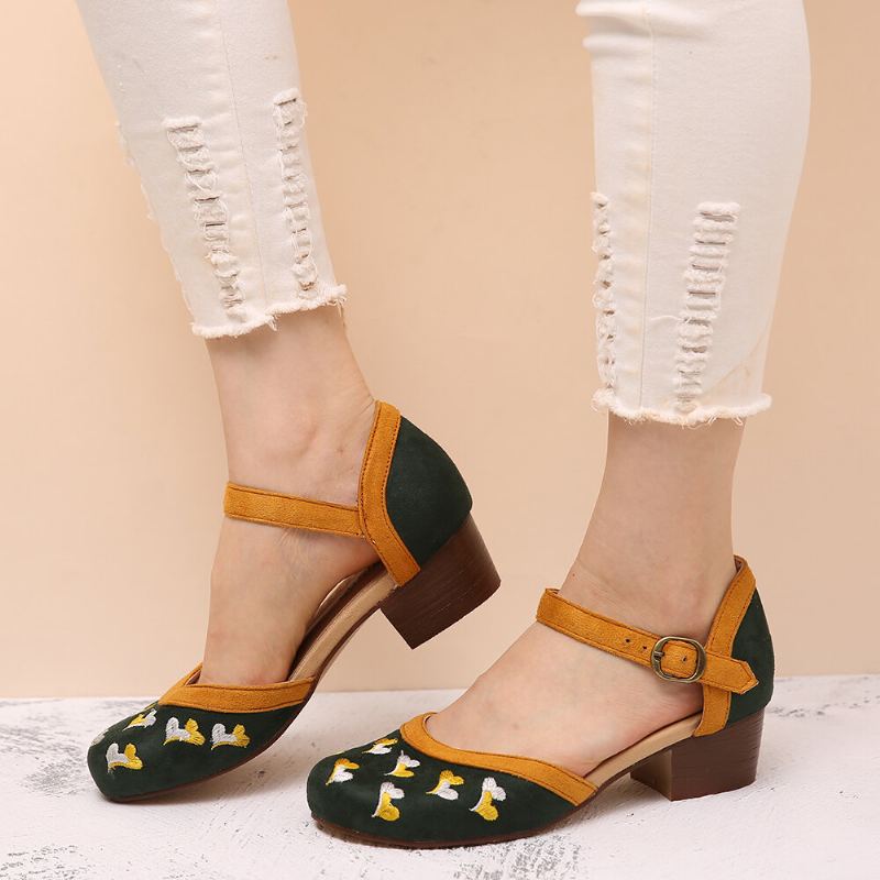 Vrouwen Borduurwerk Ronde Neus Enkelbandje Comfortabele Casual Hakken Pumps