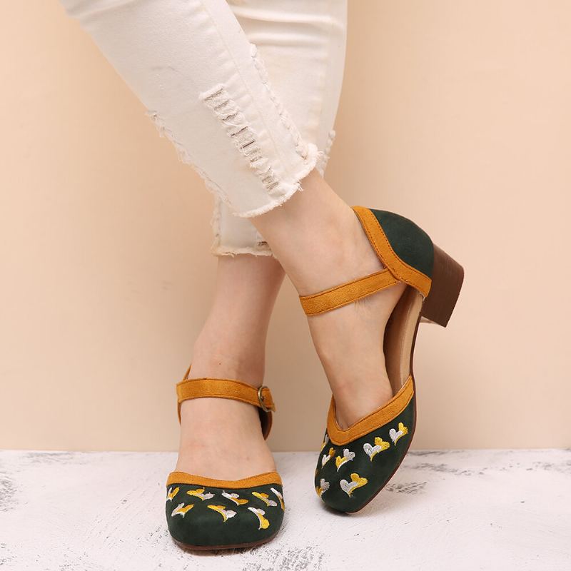 Vrouwen Borduurwerk Ronde Neus Enkelbandje Comfortabele Casual Hakken Pumps