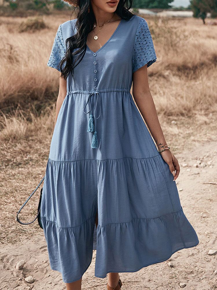 Effen Kleur Knoopkoord Korte Mouw V-hals Stiksels Casual Jurk