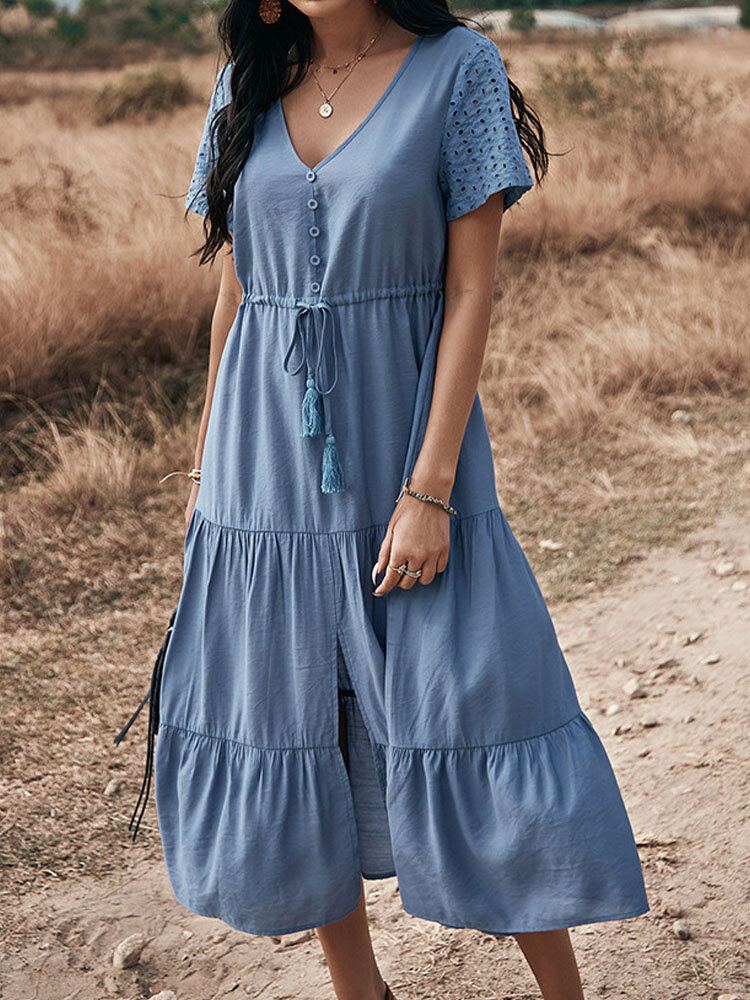 Effen Kleur Knoopkoord Korte Mouw V-hals Stiksels Casual Jurk