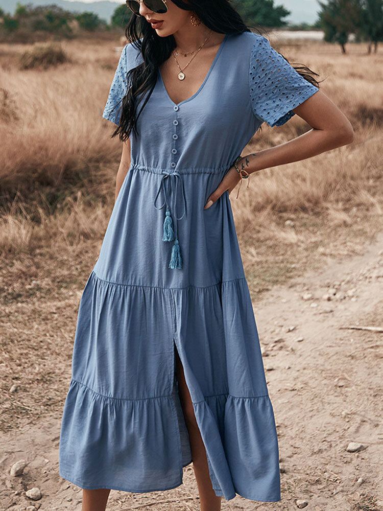 Effen Kleur Knoopkoord Korte Mouw V-hals Stiksels Casual Jurk