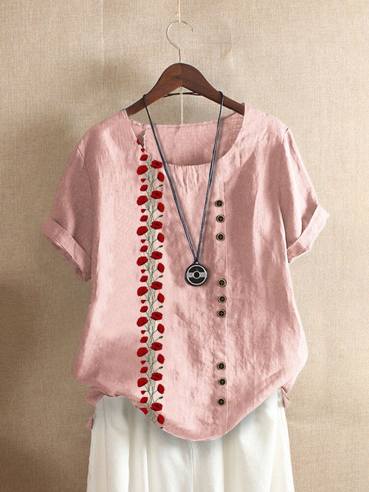 Casual T-shirt Met Korte Mouwen En O-hals Met Bloemenprint Voor Dames