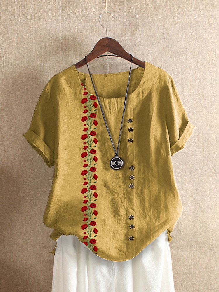 Casual T-shirt Met Korte Mouwen En O-hals Met Bloemenprint Voor Dames