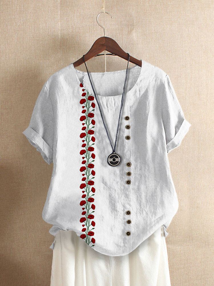 Casual T-shirt Met Korte Mouwen En O-hals Met Bloemenprint Voor Dames