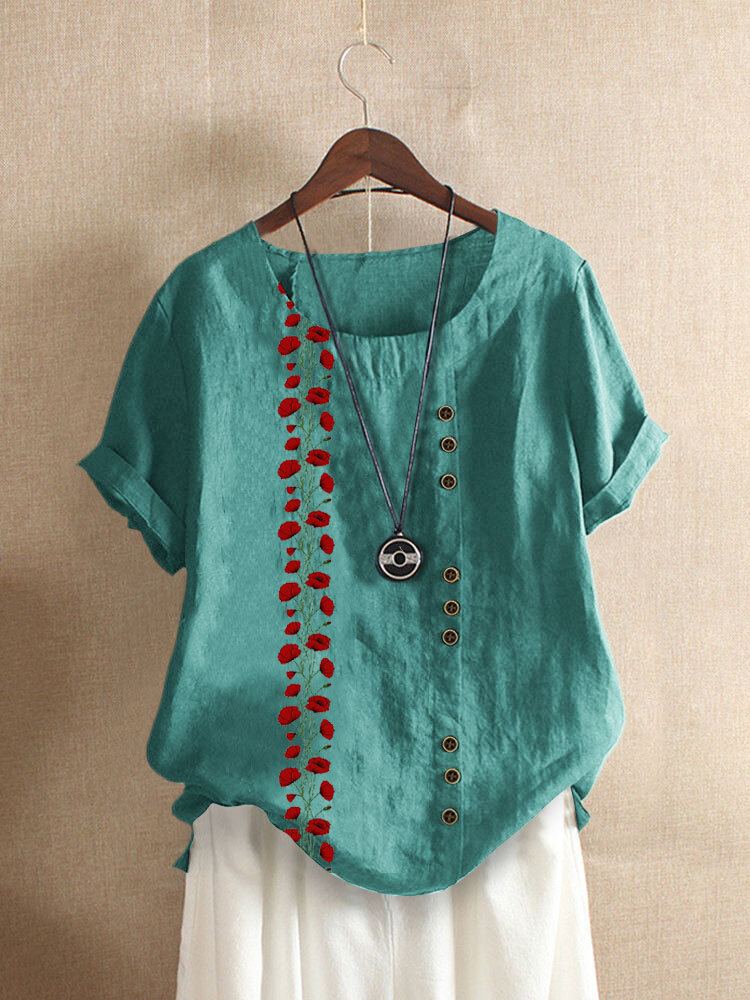 Casual T-shirt Met Korte Mouwen En O-hals Met Bloemenprint Voor Dames