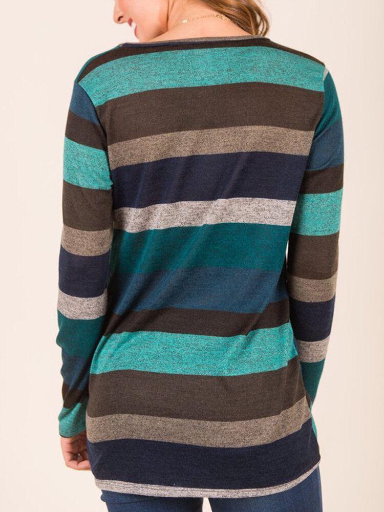 Dames Meerkleurig Gestreept T-shirt Met Ronde Hals En Lange Mouwen Met Gedraaide Zoom