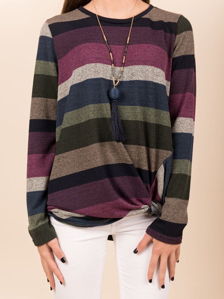 Dames Meerkleurig Gestreept T-shirt Met Ronde Hals En Lange Mouwen Met Gedraaide Zoom