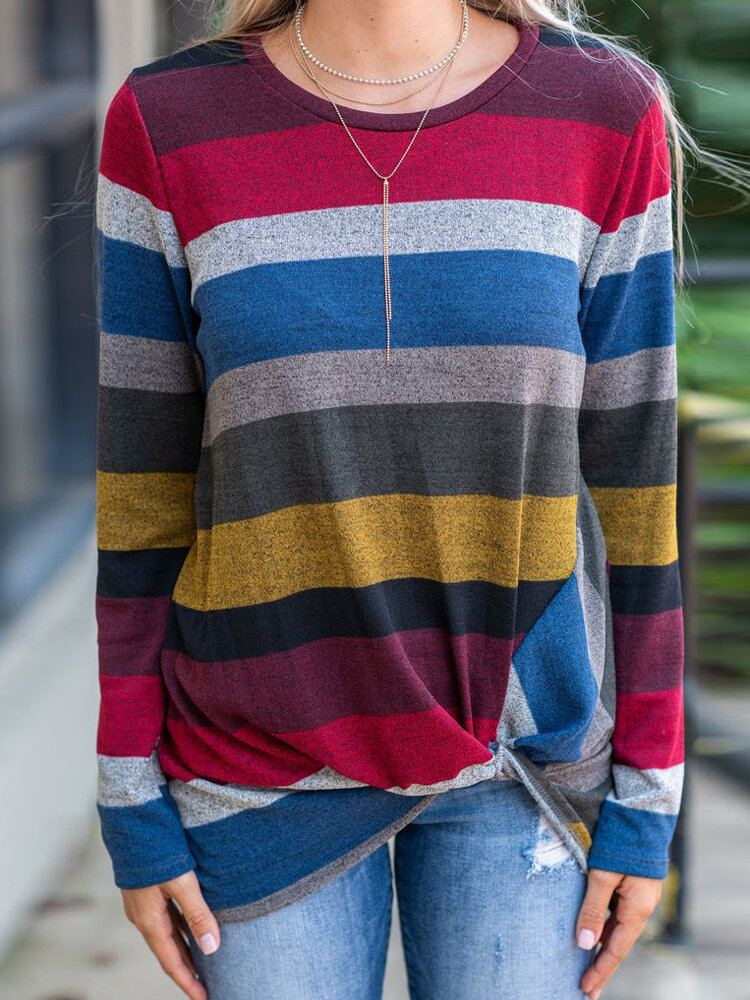 Dames Meerkleurig Gestreept T-shirt Met Ronde Hals En Lange Mouwen Met Gedraaide Zoom