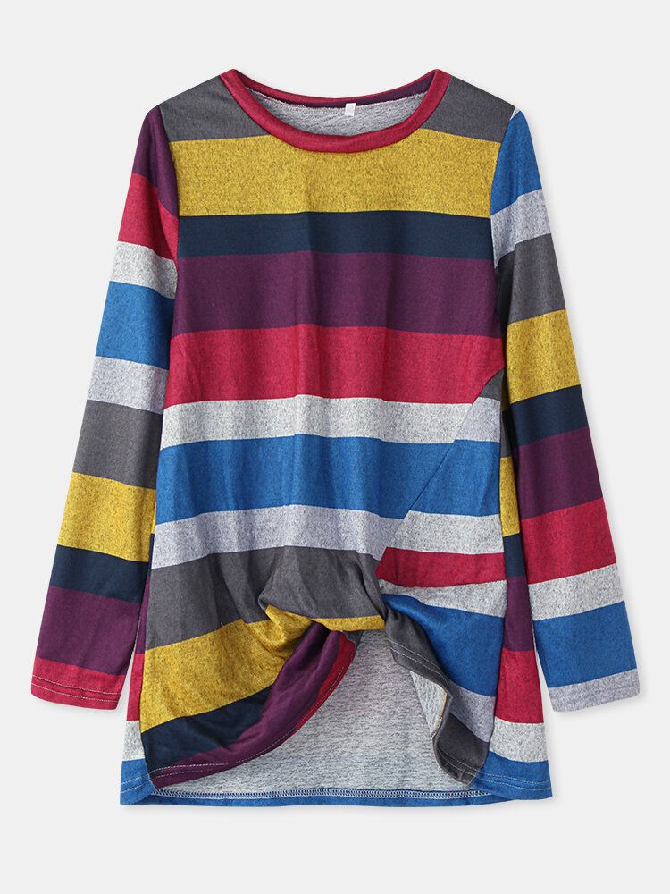 Dames Meerkleurig Gestreept T-shirt Met Ronde Hals En Lange Mouwen Met Gedraaide Zoom