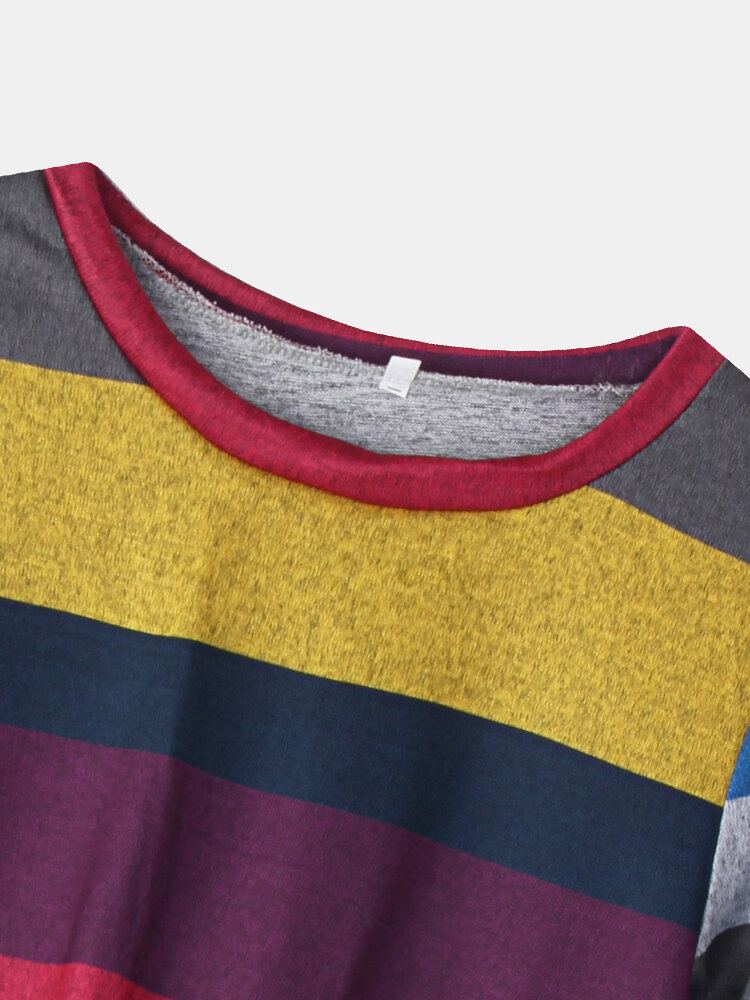 Dames Meerkleurig Gestreept T-shirt Met Ronde Hals En Lange Mouwen Met Gedraaide Zoom