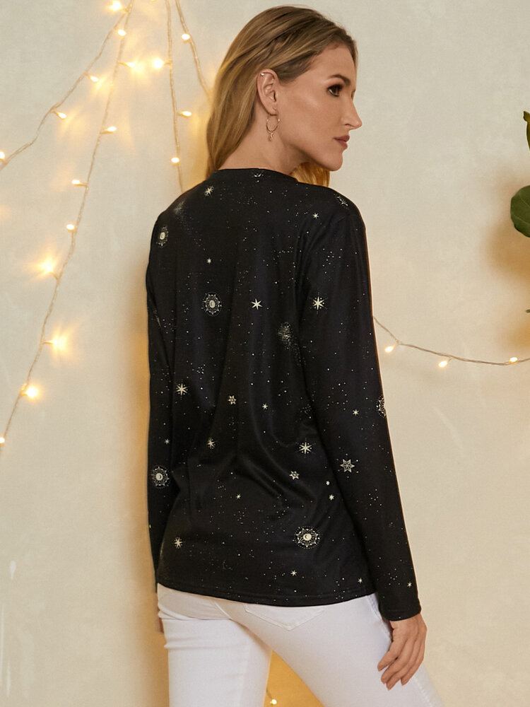 Dames Taurus Print Stars Moon O-hals Casual T-shirt Met Lange Mouwen