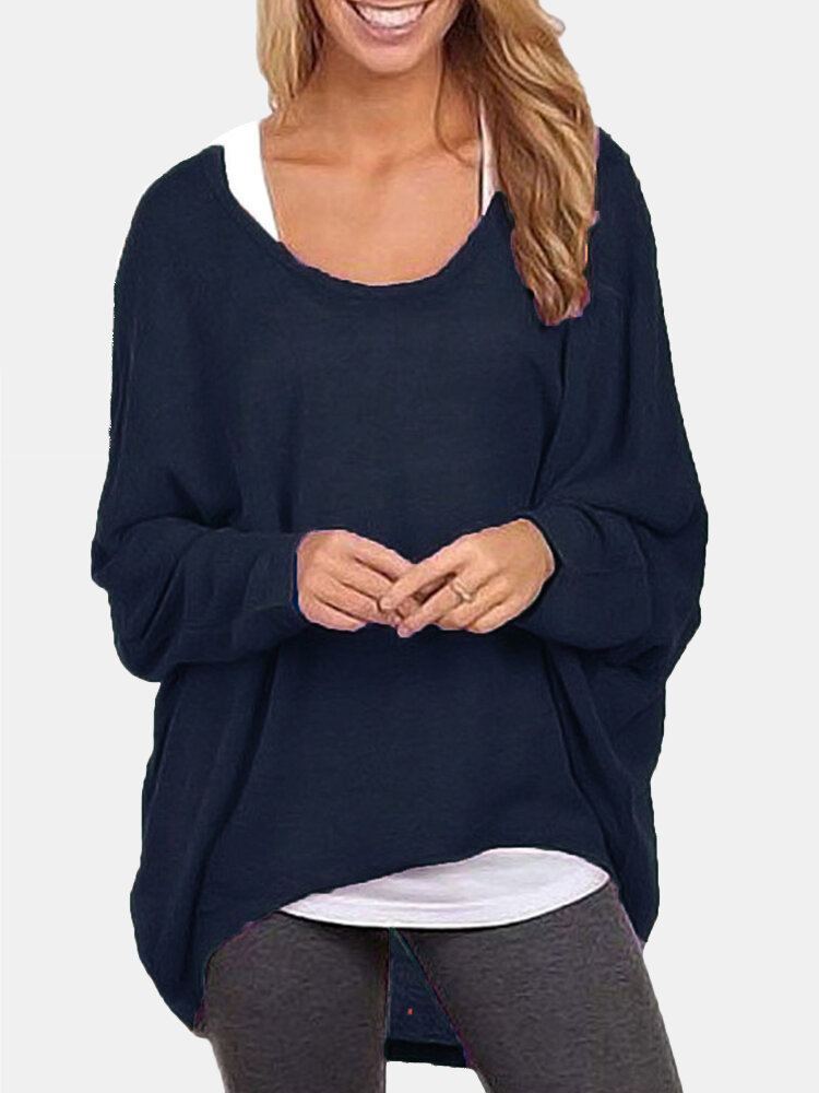 Dames Vleermuis Mouw Ronde Hals Losse Effen Kleur Trui Plus Size Casual Shirt T-shirt
