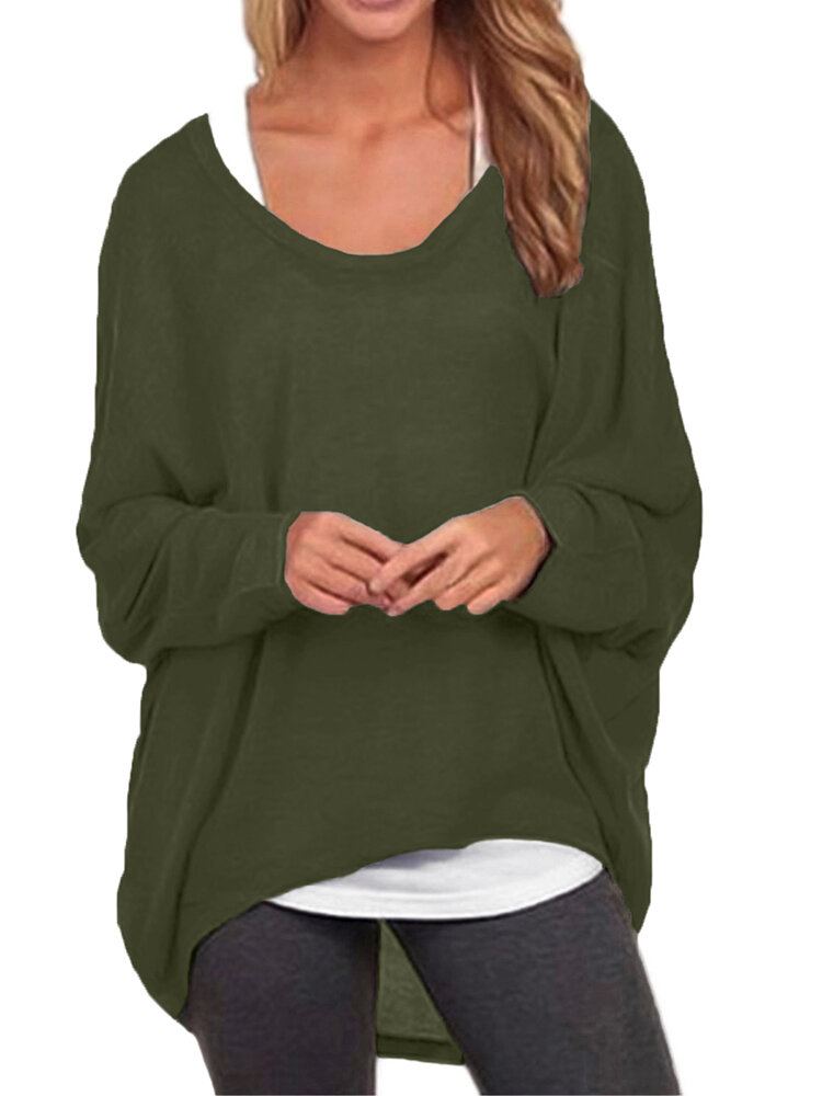 Dames Vleermuis Mouw Ronde Hals Losse Effen Kleur Trui Plus Size Casual Shirt T-shirt