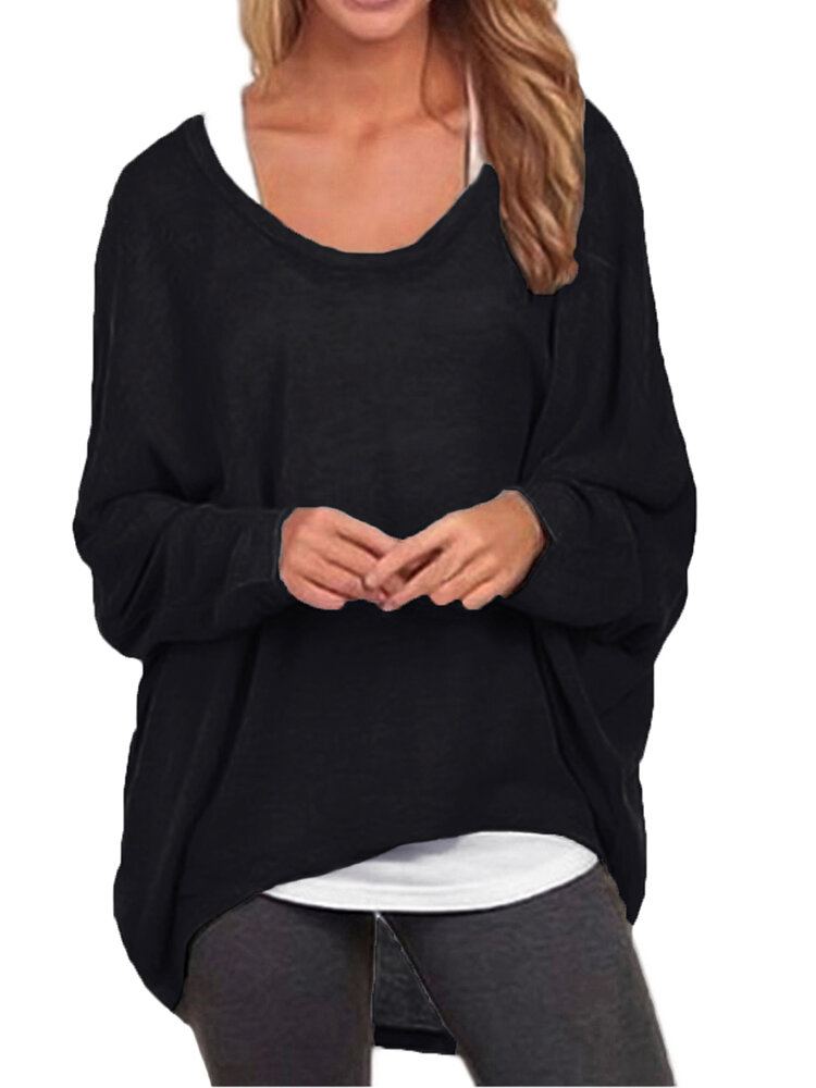 Dames Vleermuis Mouw Ronde Hals Losse Effen Kleur Trui Plus Size Casual Shirt T-shirt