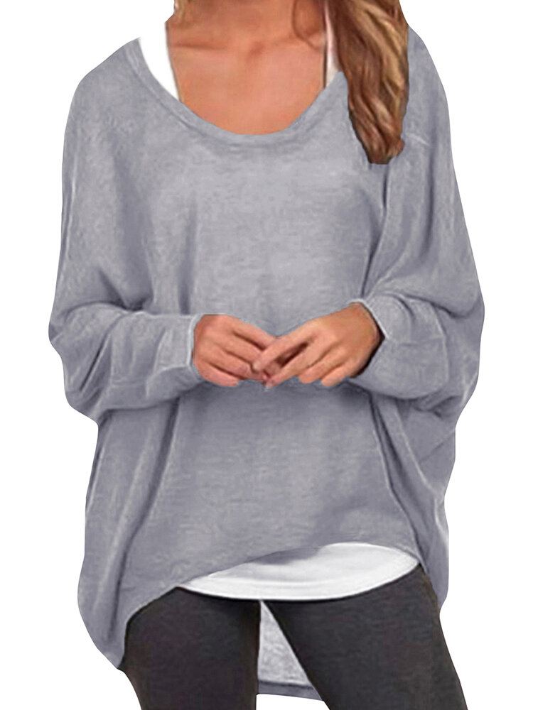 Dames Vleermuis Mouw Ronde Hals Losse Effen Kleur Trui Plus Size Casual Shirt T-shirt