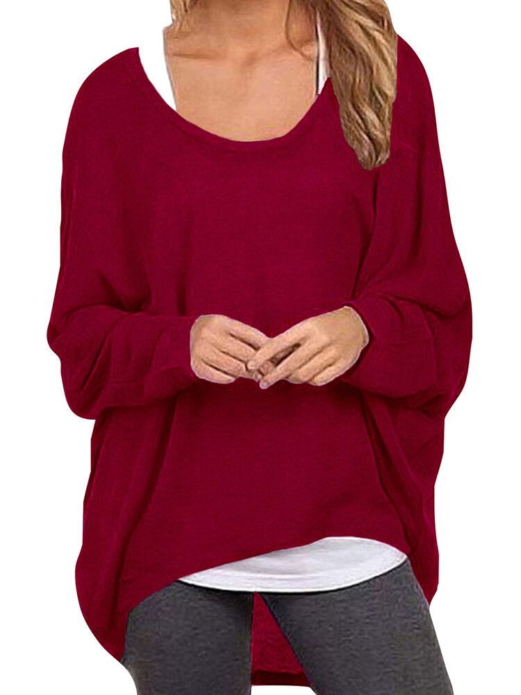 Dames Vleermuis Mouw Ronde Hals Losse Effen Kleur Trui Plus Size Casual Shirt T-shirt