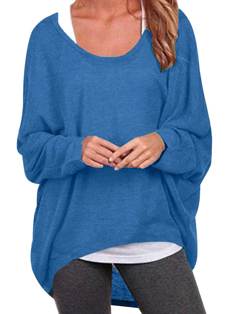 Dames Vleermuis Mouw Ronde Hals Losse Effen Kleur Trui Plus Size Casual Shirt T-shirt