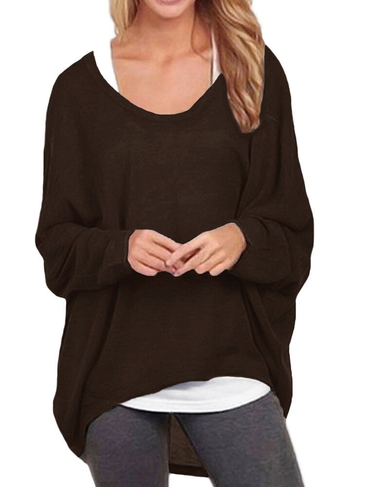 Dames Vleermuis Mouw Ronde Hals Losse Effen Kleur Trui Plus Size Casual Shirt T-shirt