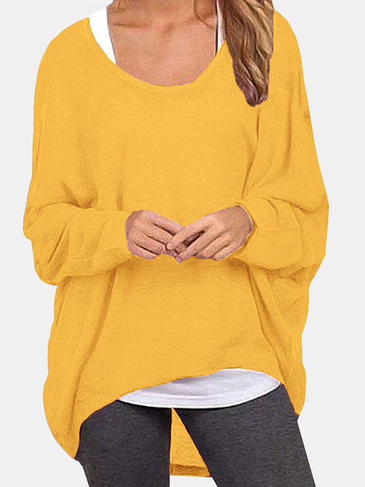 Dames Vleermuis Mouw Ronde Hals Losse Effen Kleur Trui Plus Size Casual Shirt T-shirt
