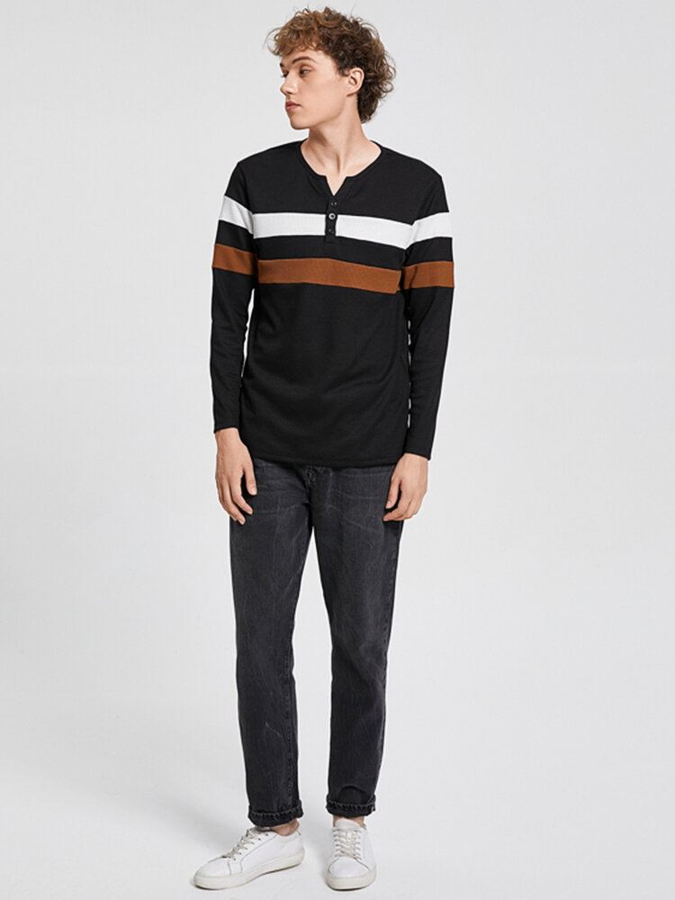 Henley T-shirt Met Gestreepte Knoop Inkeping Kraag Patchwork