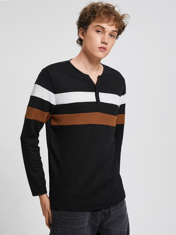 Henley T-shirt Met Gestreepte Knoop Inkeping Kraag Patchwork