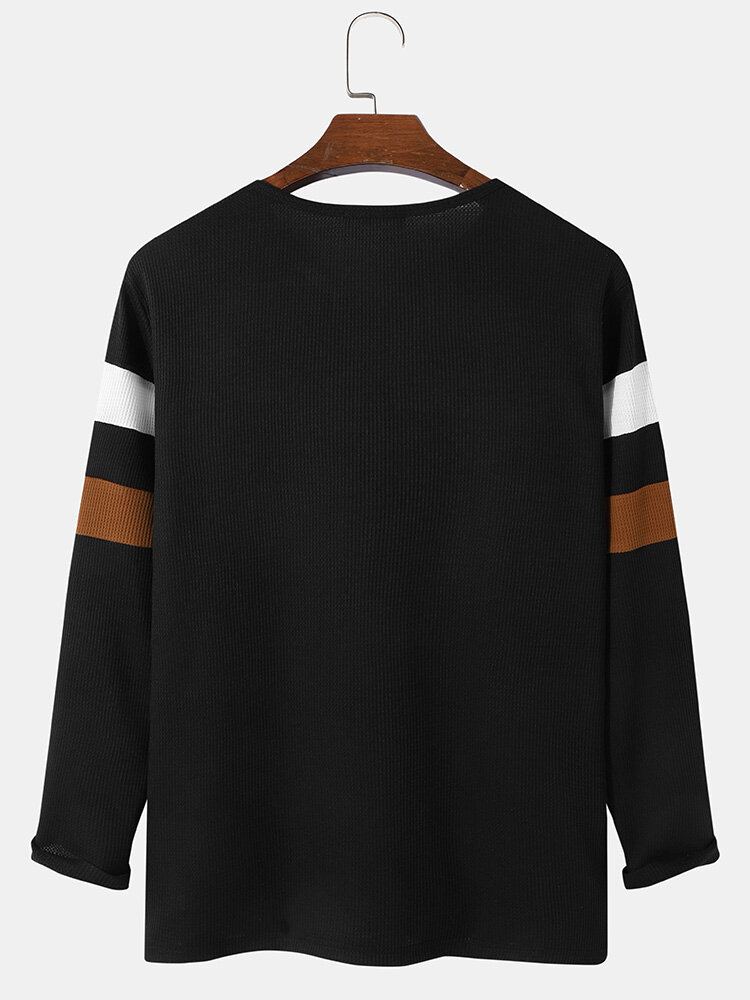 Henley T-shirt Met Gestreepte Knoop Inkeping Kraag Patchwork