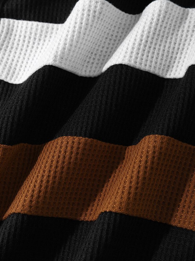 Henley T-shirt Met Gestreepte Knoop Inkeping Kraag Patchwork