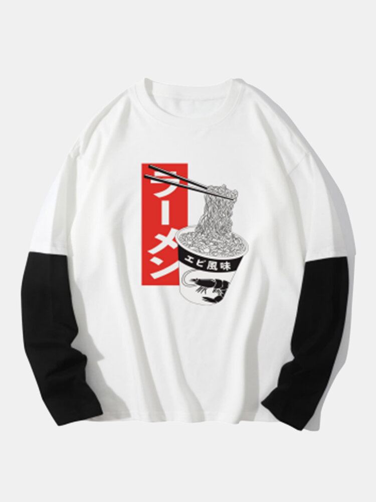 Heren 100% Katoen Japanse Noedels Print 2 In 1 T-shirts Met Lange Mouwen