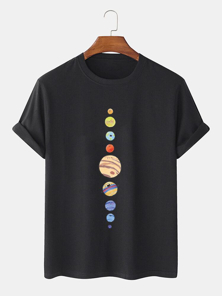 Mannen Cartoon Planeten Print 100% Katoen O-hals T-shirt Met Korte Mouwen