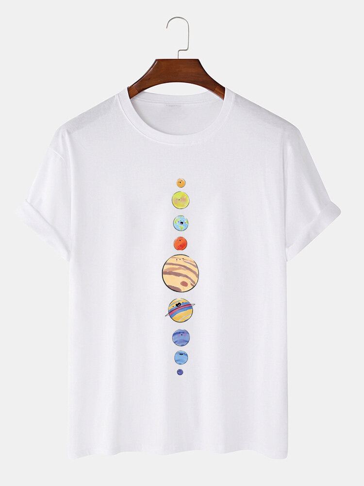Mannen Cartoon Planeten Print 100% Katoen O-hals T-shirt Met Korte Mouwen