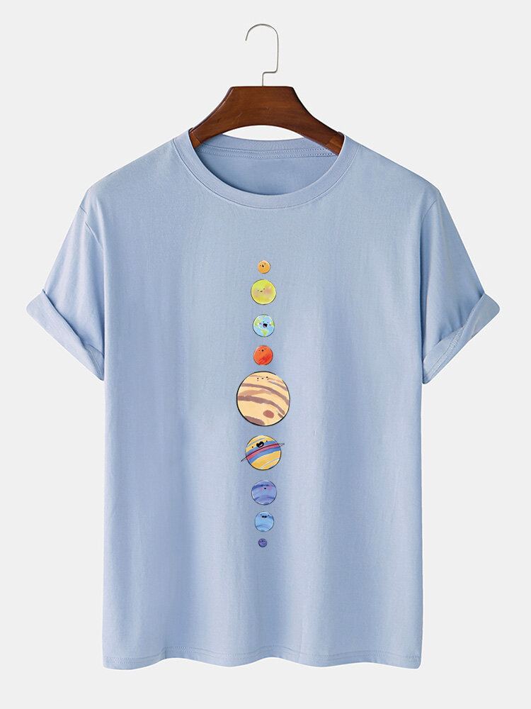 Mannen Cartoon Planeten Print 100% Katoen O-hals T-shirt Met Korte Mouwen
