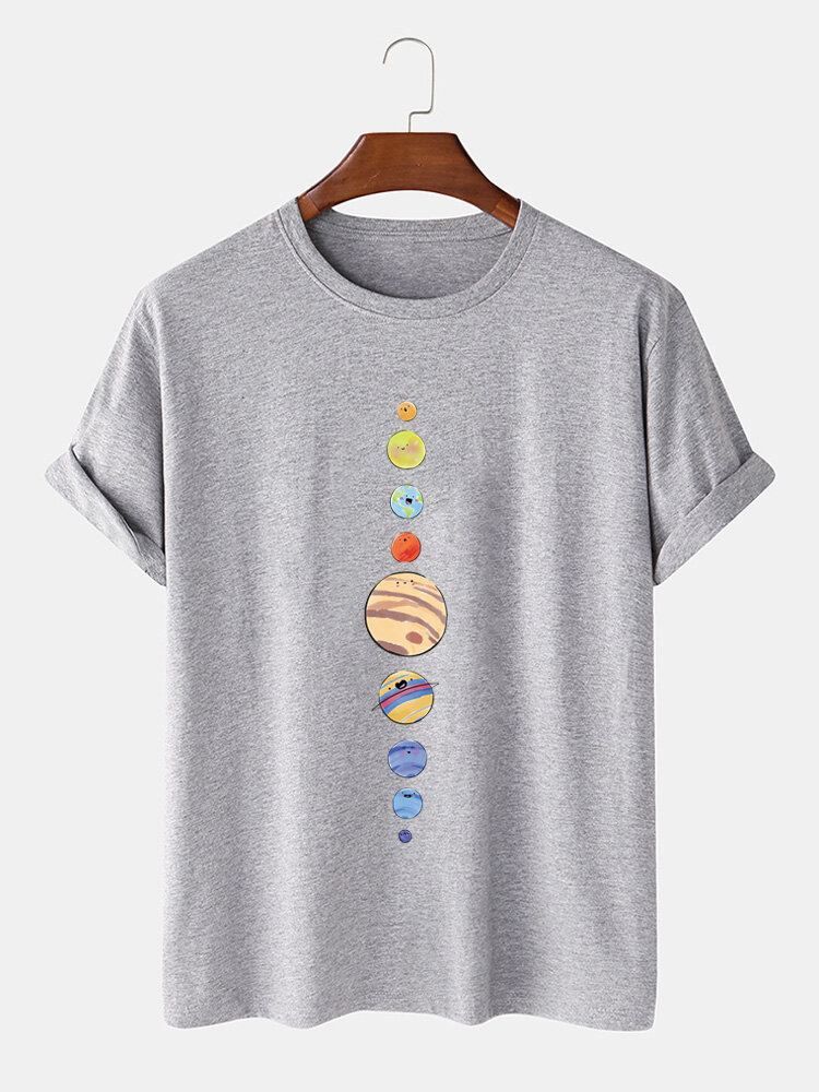 Mannen Cartoon Planeten Print 100% Katoen O-hals T-shirt Met Korte Mouwen