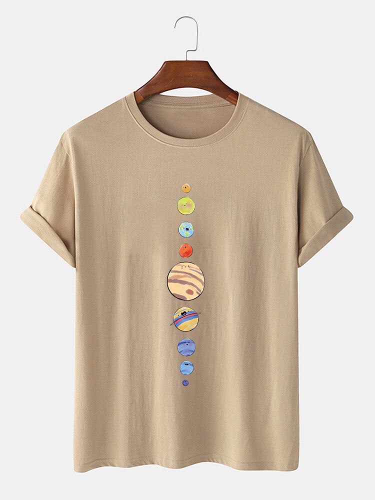 Mannen Cartoon Planeten Print 100% Katoen O-hals T-shirt Met Korte Mouwen