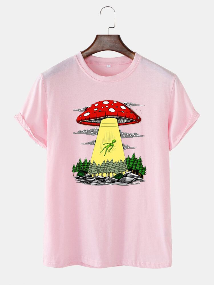 T-shirts Voor Heren Met Ronde Hals En Korte Mouwen Met Cartoonpaddestoelprint