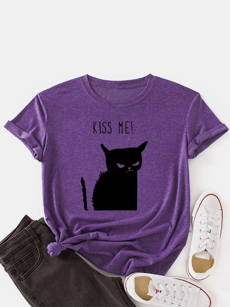 Vrouwen Kiss Cat Print O-hals Casual T-shirt Met Korte Mouwen