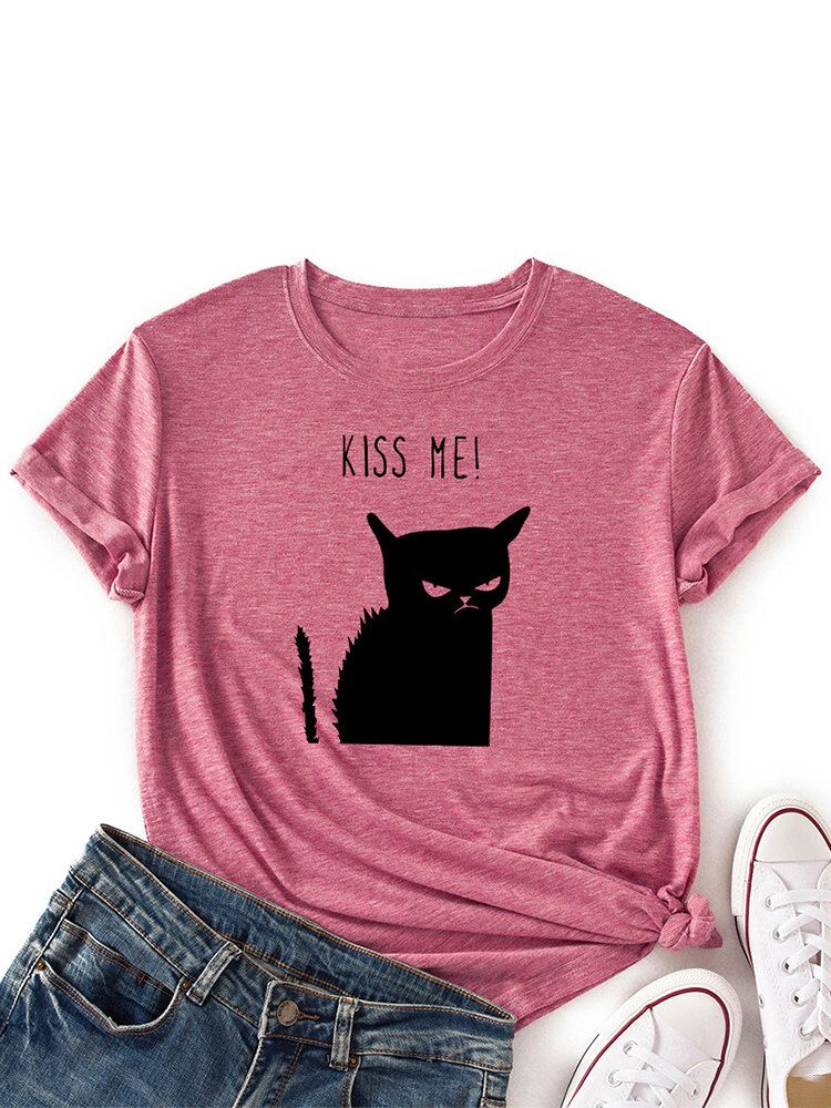Vrouwen Kiss Cat Print O-hals Casual T-shirt Met Korte Mouwen
