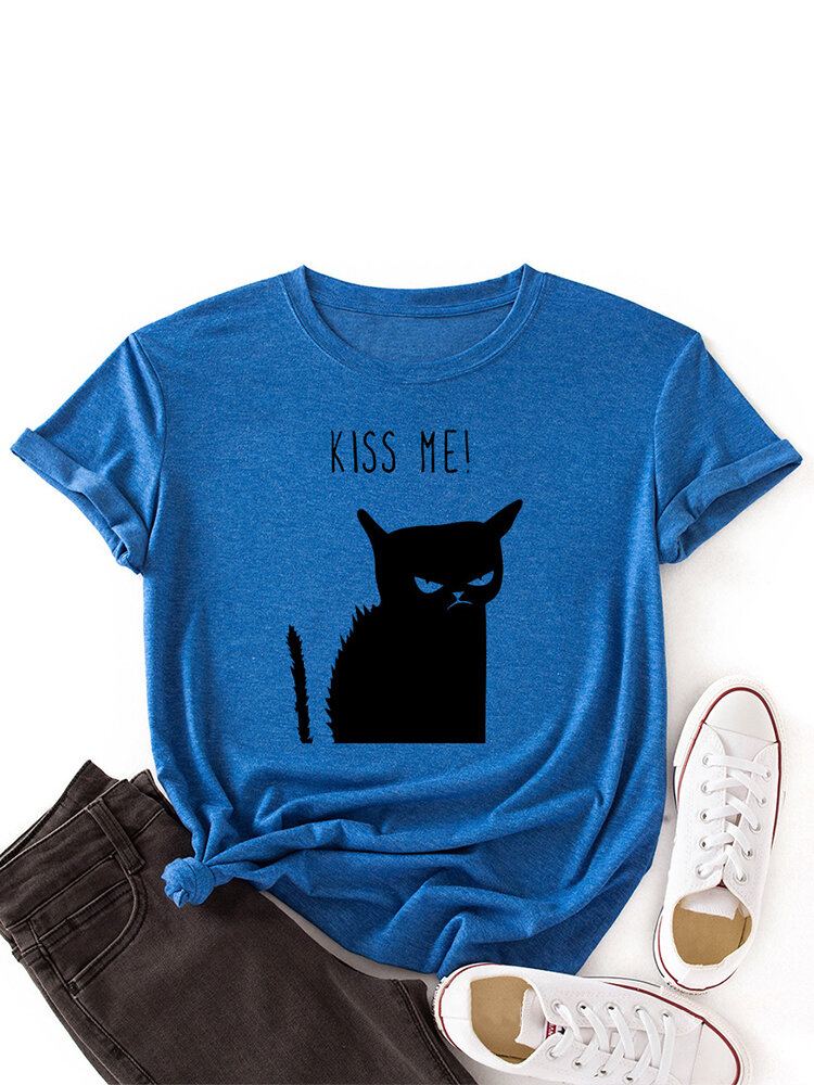 Vrouwen Kiss Cat Print O-hals Casual T-shirt Met Korte Mouwen