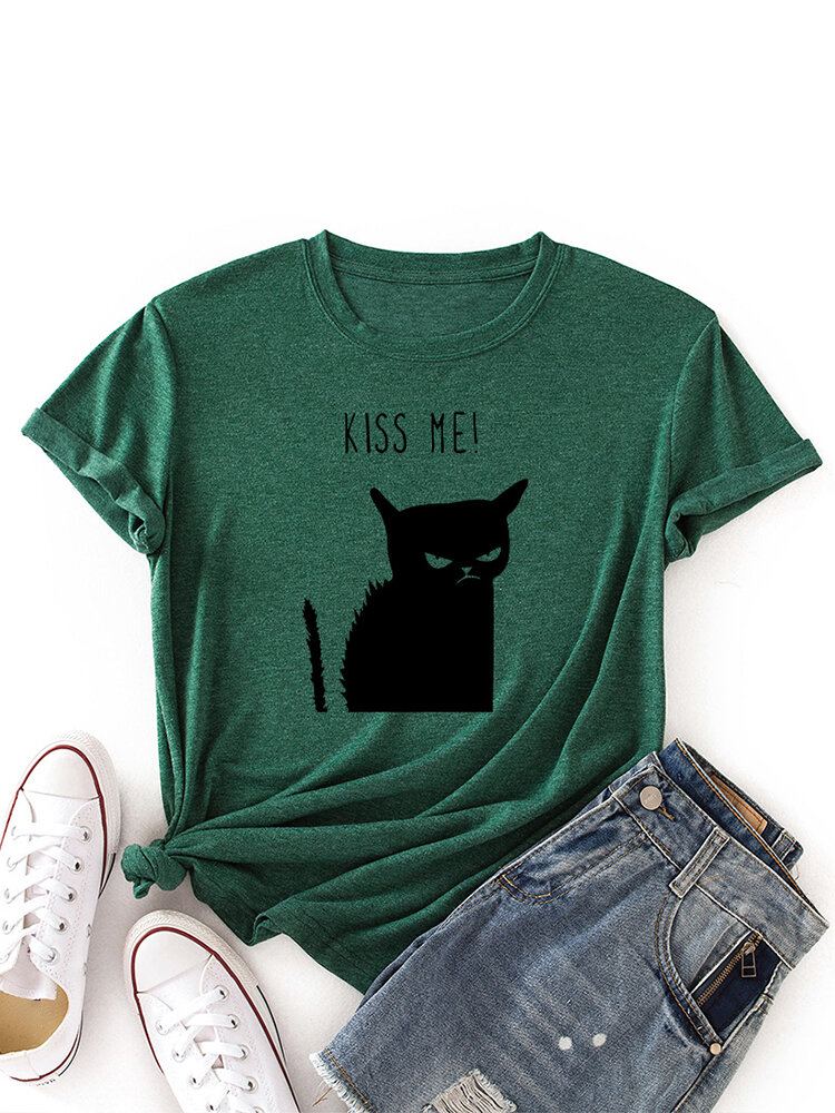 Vrouwen Kiss Cat Print O-hals Casual T-shirt Met Korte Mouwen