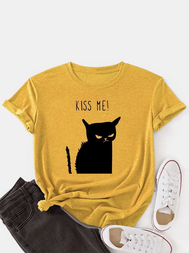 Vrouwen Kiss Cat Print O-hals Casual T-shirt Met Korte Mouwen