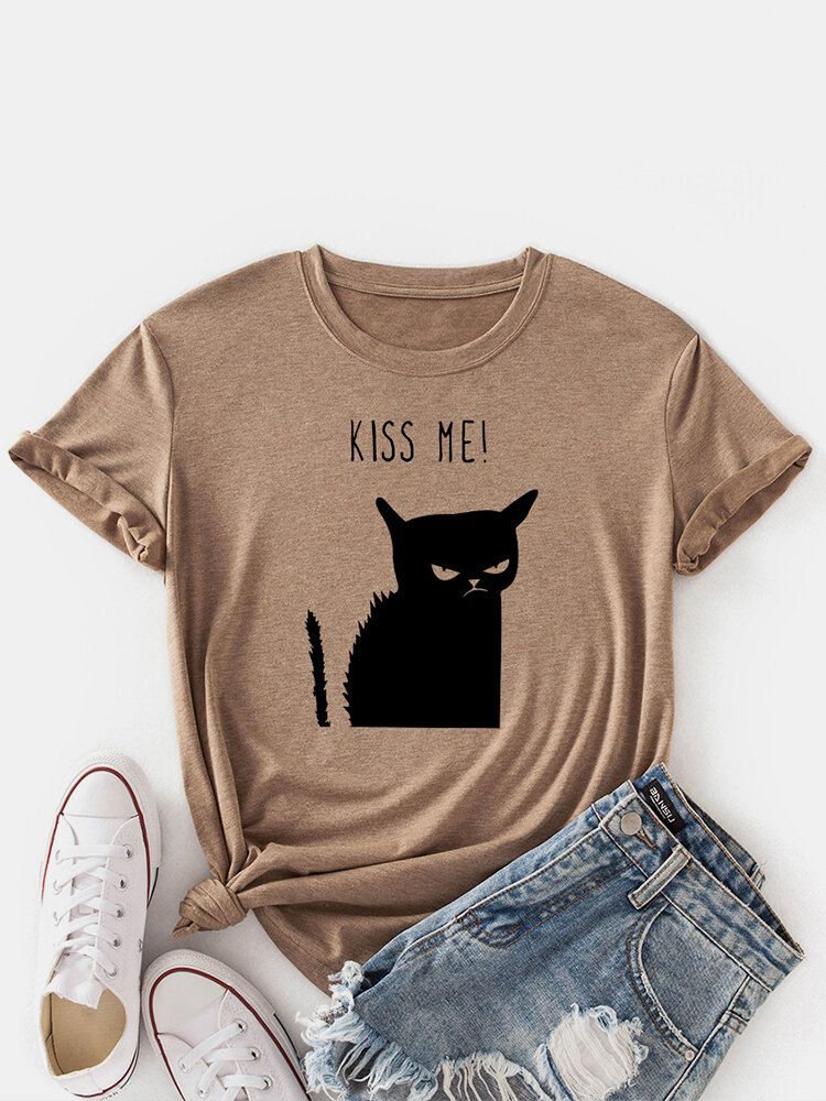 Vrouwen Kiss Cat Print O-hals Casual T-shirt Met Korte Mouwen