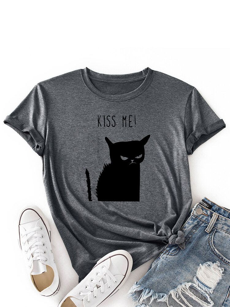 Vrouwen Kiss Cat Print O-hals Casual T-shirt Met Korte Mouwen