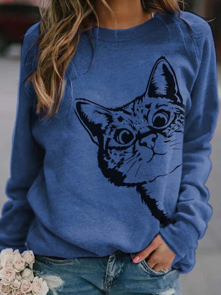 Vrouwen Leuke Cartoon Kat Print Ronde Hals Losse Casual T-shirts Met Lange Mouwen