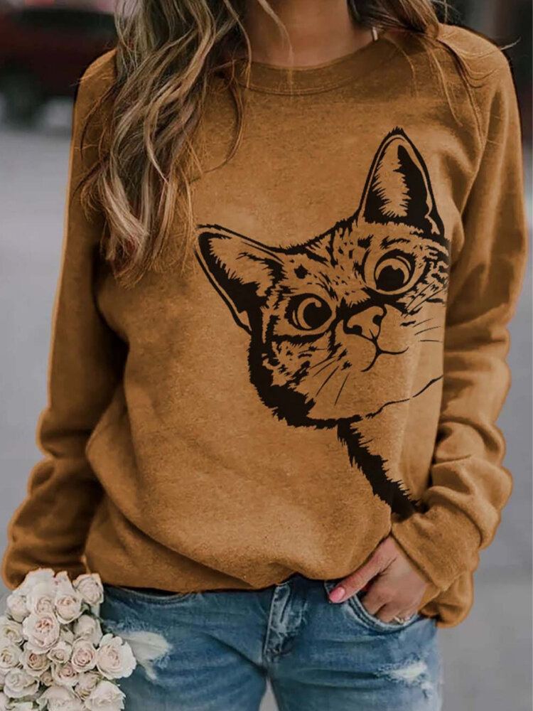 Vrouwen Leuke Cartoon Kat Print Ronde Hals Losse Casual T-shirts Met Lange Mouwen