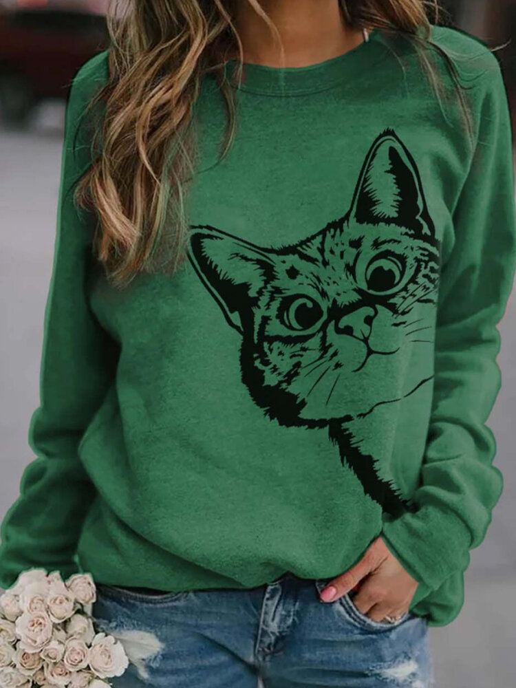 Vrouwen Leuke Cartoon Kat Print Ronde Hals Losse Casual T-shirts Met Lange Mouwen