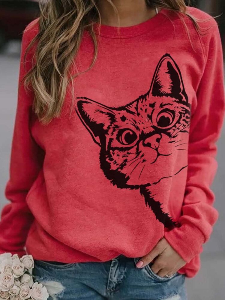 Vrouwen Leuke Cartoon Kat Print Ronde Hals Losse Casual T-shirts Met Lange Mouwen
