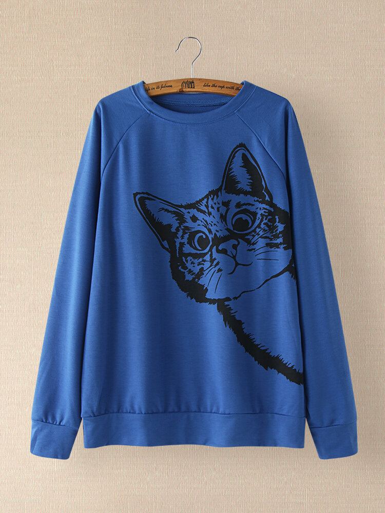 Vrouwen Leuke Cartoon Kat Print Ronde Hals Losse Casual T-shirts Met Lange Mouwen