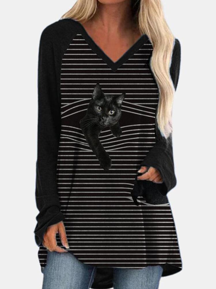 Vrouwen V-hals Streep Terug Kat Print Lange Mouw Casual T-shirts