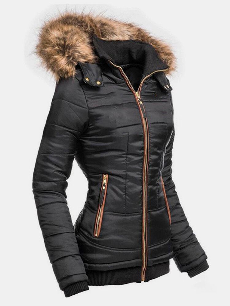 Dames Effen Kleur Rits Faux Bontkraag Capuchon Jas Met Zak